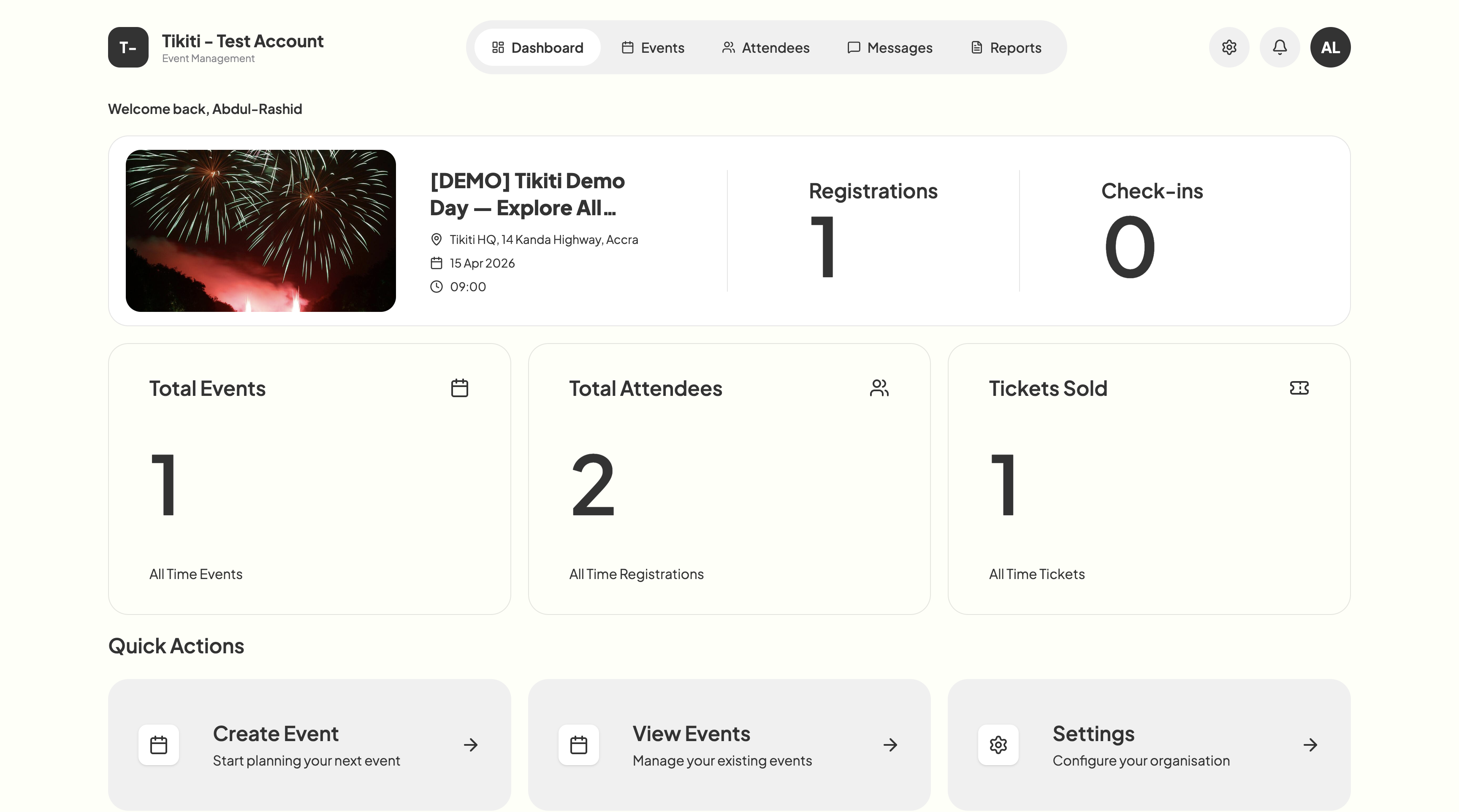 Tikiti organizer dashboard showing event management, analytics, and attendee tracking