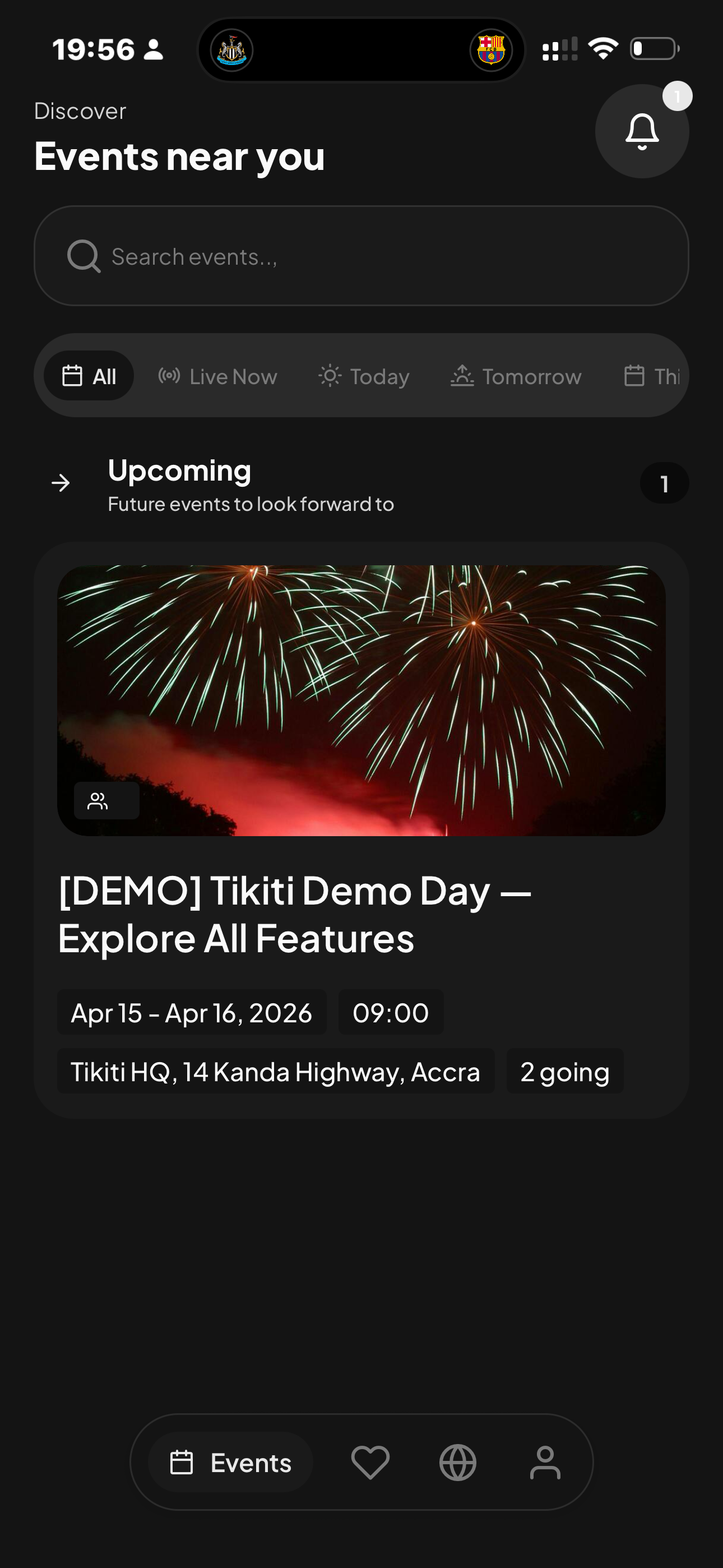 Tikiti mobile app home screen showing event discovery